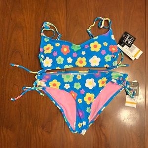 NWT California waves small 2 piece bikini blue with flower pattern